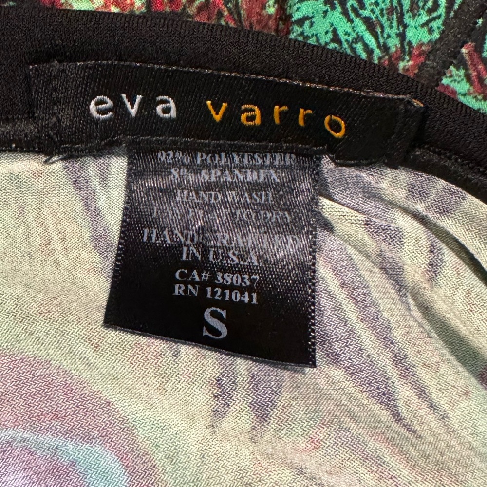 Eva Varro Green Peacock Print Tunic Top Shirt Sz S Small V Open Back Abstract - Picture 4 of 8